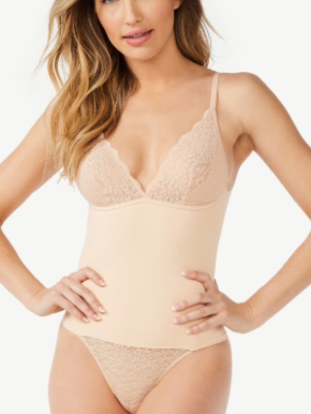 Sofia Intimates by Sofia Vergara Smoothing Seamless Lace Bodysuit in Nude Size M